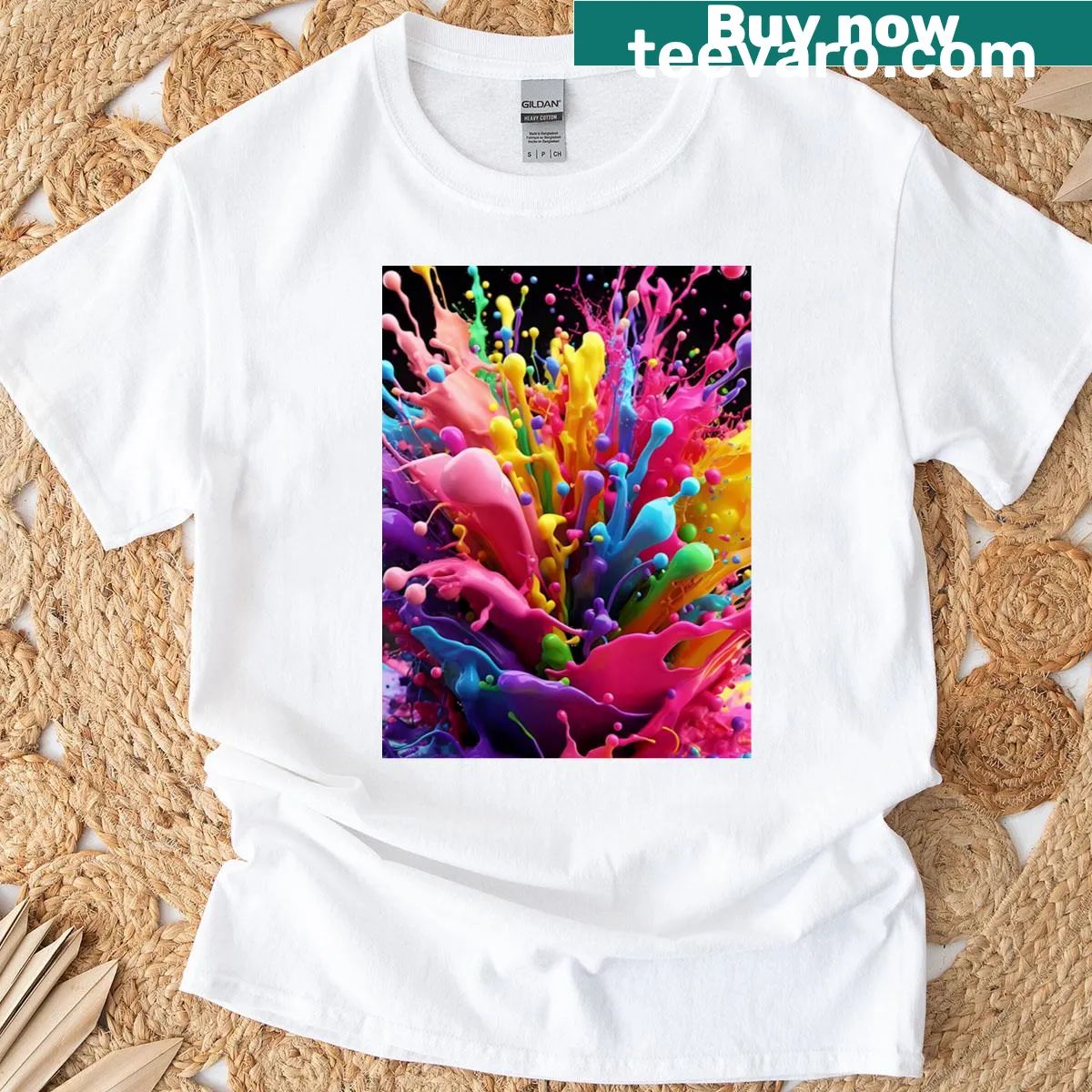 Playful typography graphic T-shirt with a rainbow splash design — on a men's t-shirt