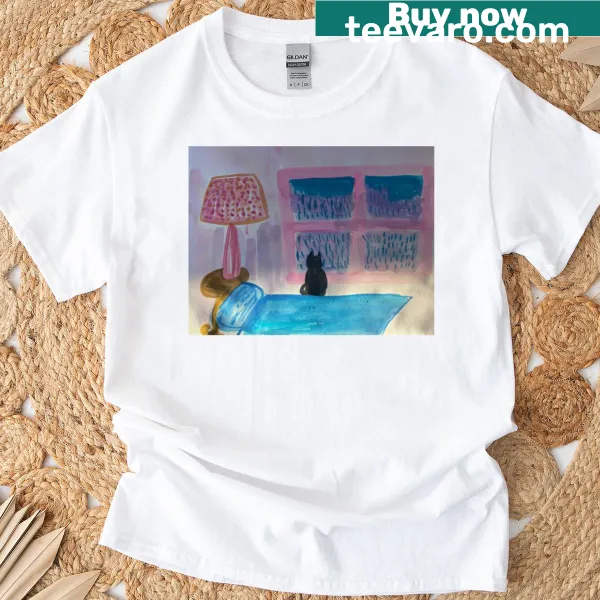 Illustration of a cozy cat under an umbrella on a t-shirt