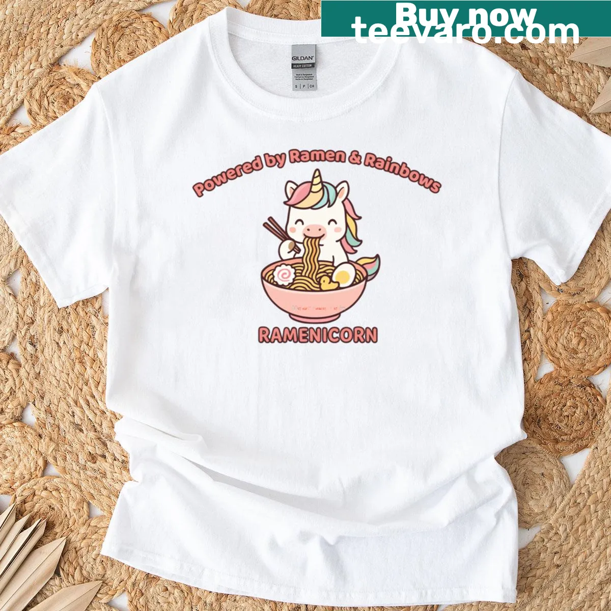 Cartoon T-shirt featuring a ramenicorn, a unicorn combined with ramen. — on a men's t-shirt