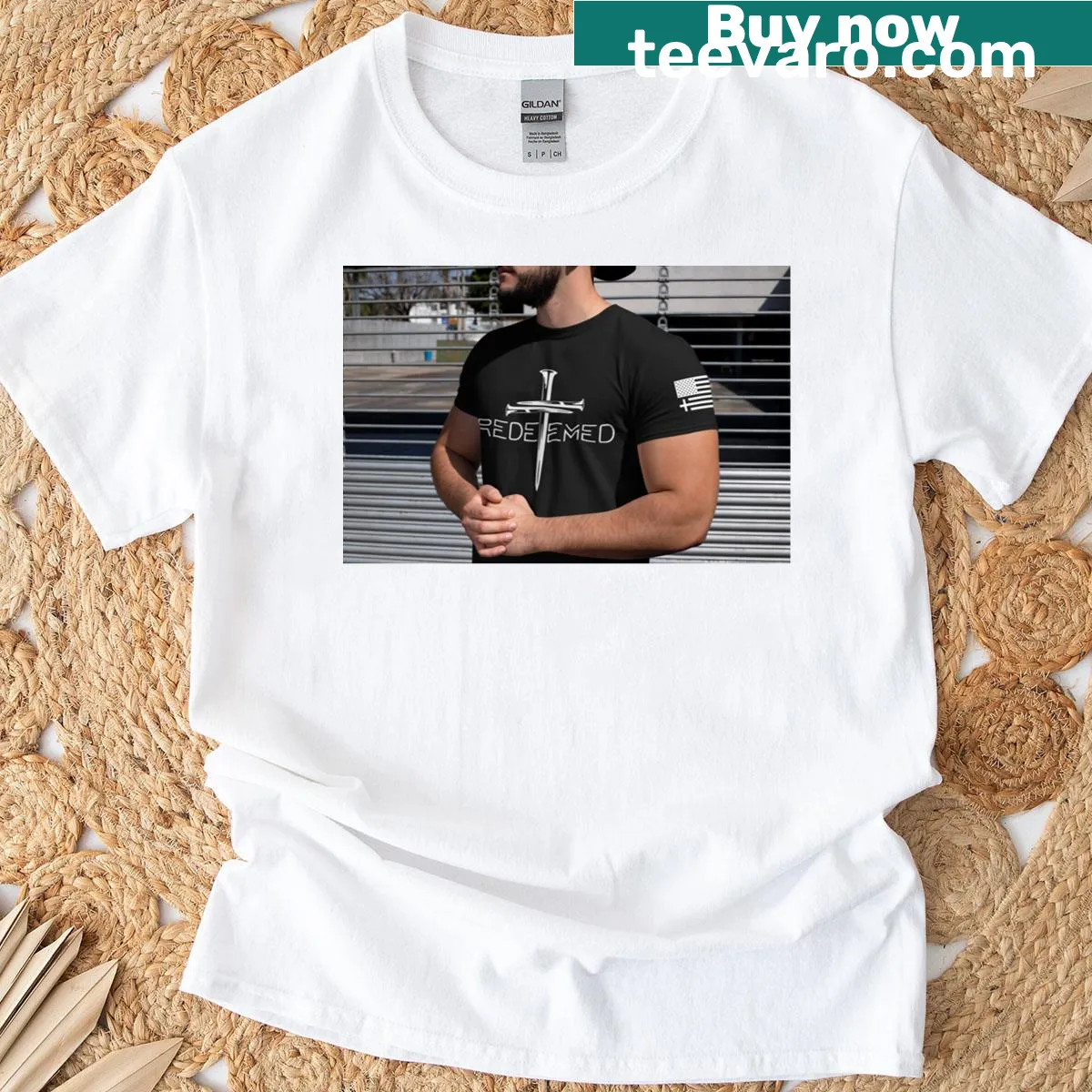 Cross and nails design with American flag background. — on a men's t-shirt