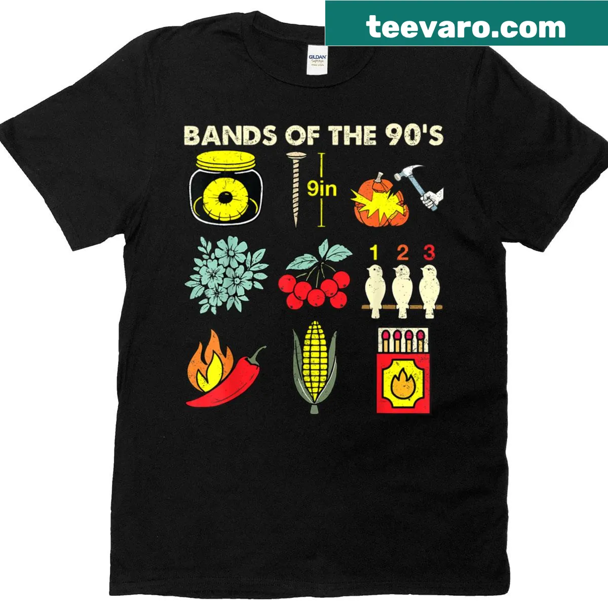 Vintage shirt celebrating popular 90s music bands — on a men's t-shirt