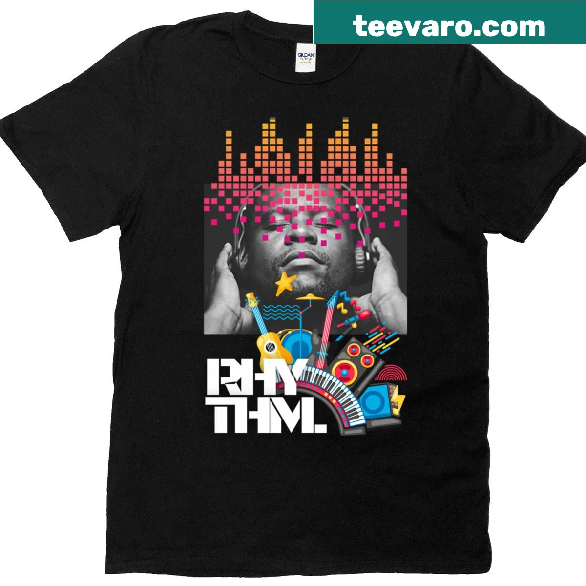 Bold graphic music T-shirt with colorful typography for musicians — on a men's t-shirt