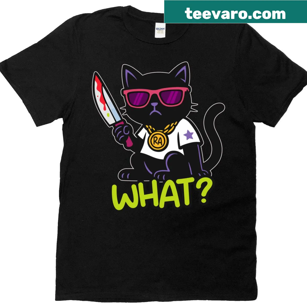 Sarcastic black cat t-shirt with a knife, shades, and funny attitude — on a men's t-shirt