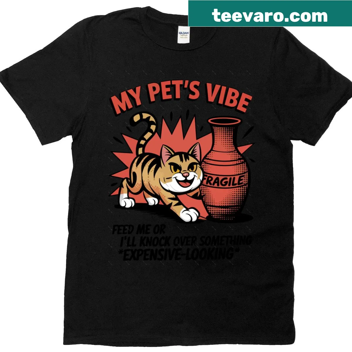 Oversized t-shirt with 'Feed Me or Lose A Vase' cat graphic — on a men's t-shirt