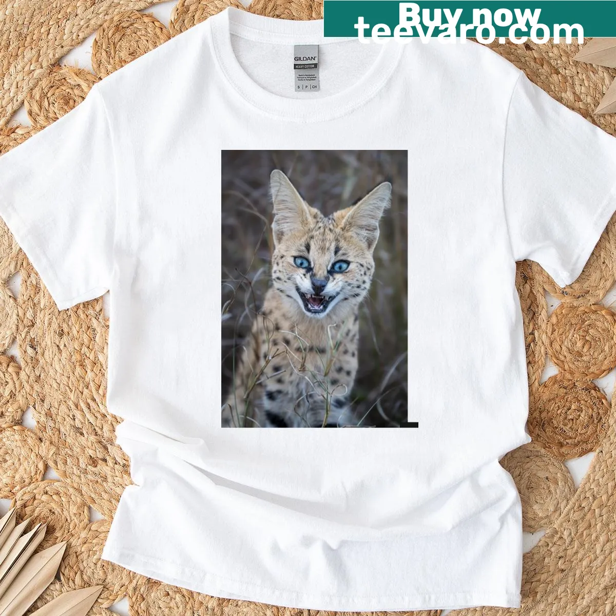 Illustration of a serval cat in the Masai Mara — on a men's t-shirt