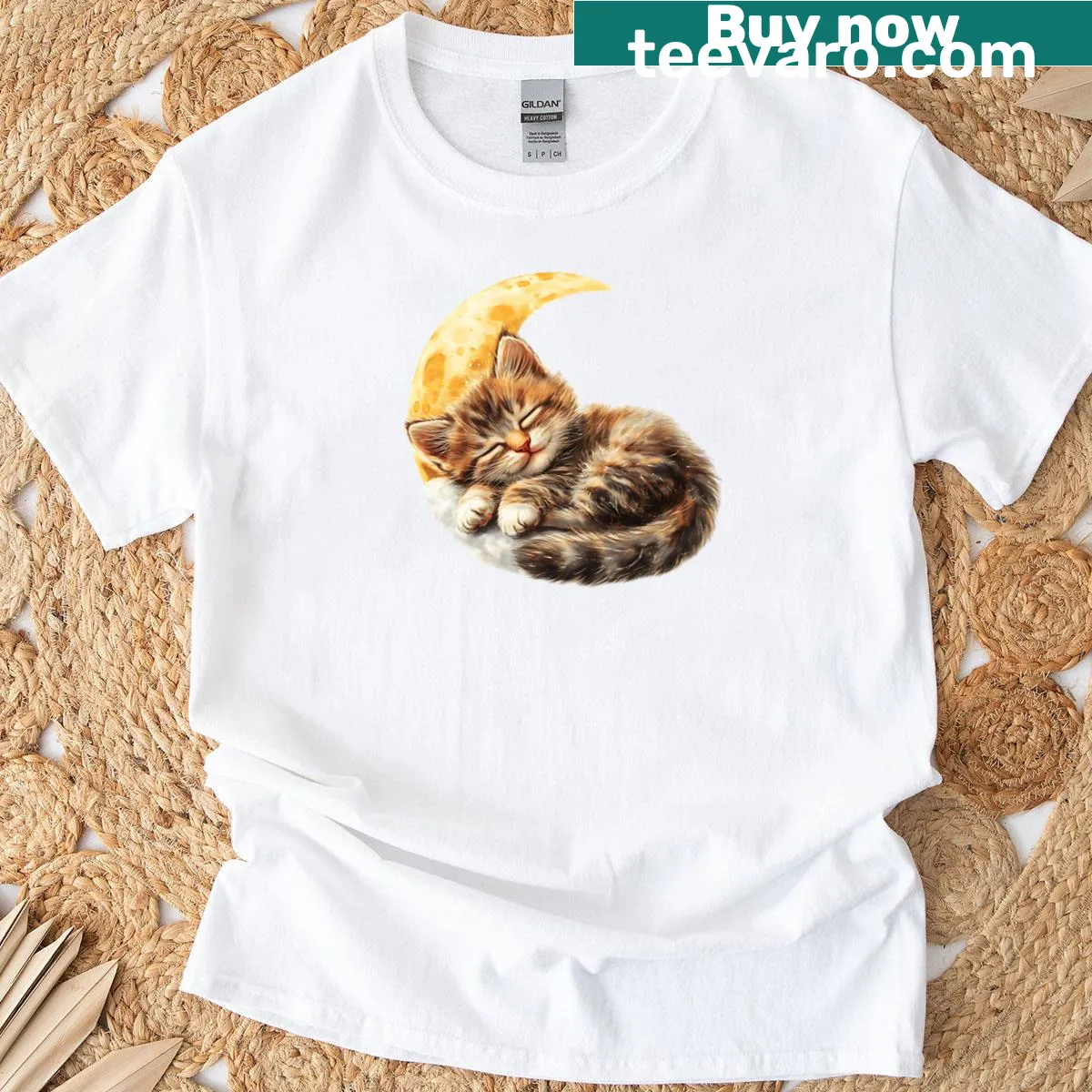 Illustration of a sleeping cat on a crescent moon — on a men's t-shirt