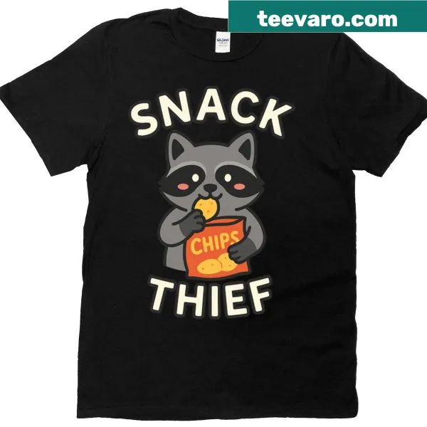 Adorable T-shirt with a cartoon blushing raccoon stealing chips