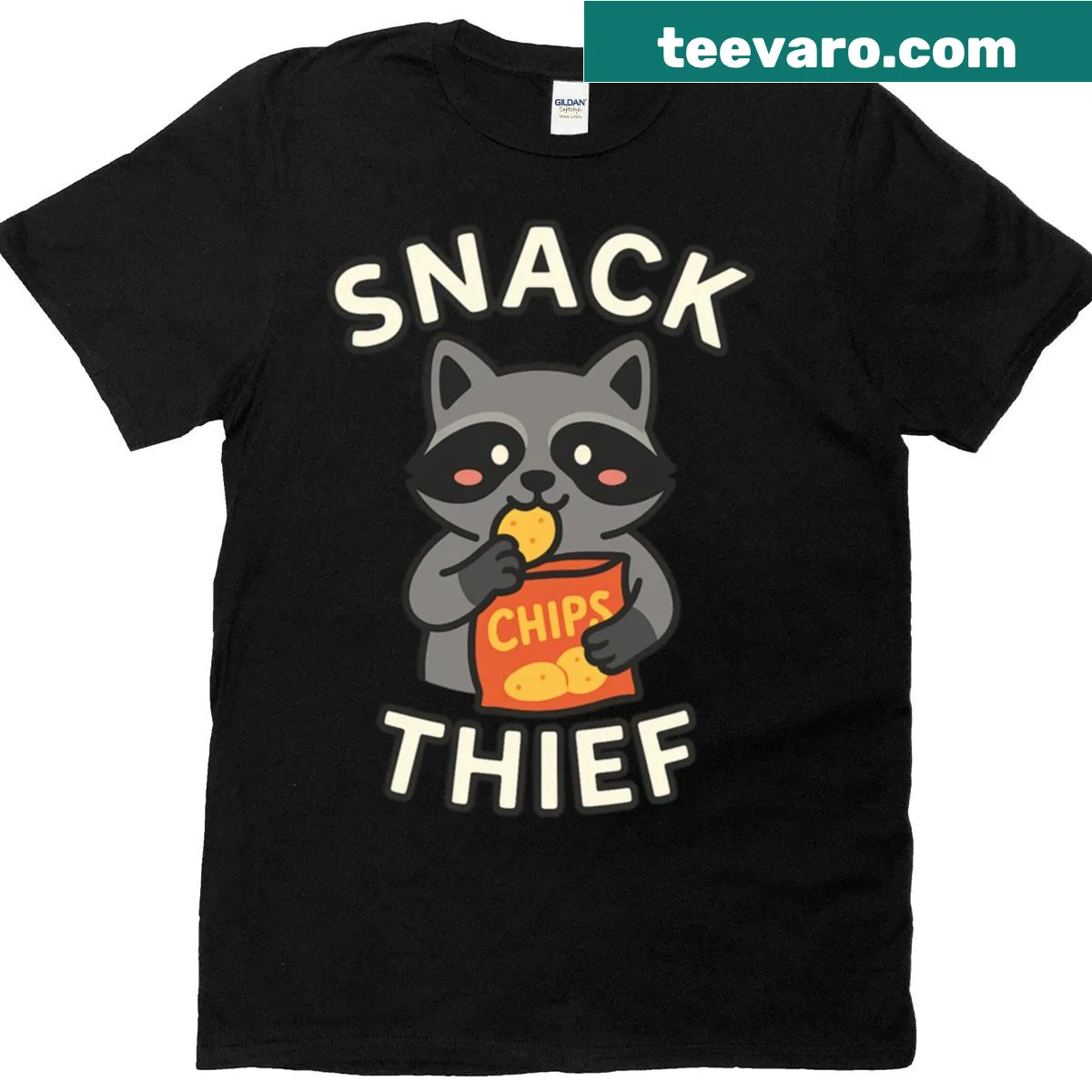 Adorable T-shirt with a cartoon blushing raccoon stealing chips — on a men's t-shirt