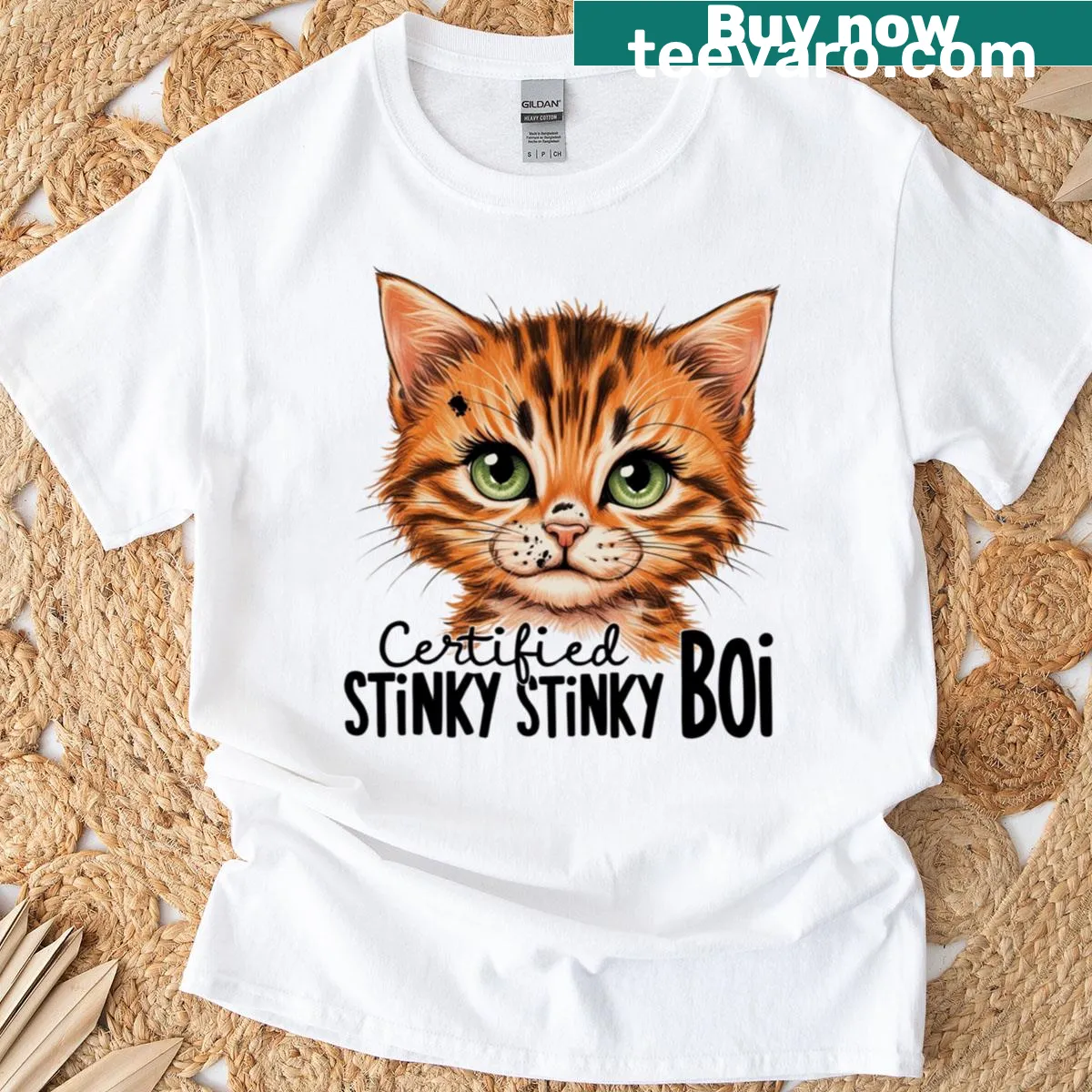 Illustration of a rebellious orange cat titled Stinky Stinky Boi — on a men's t-shirt