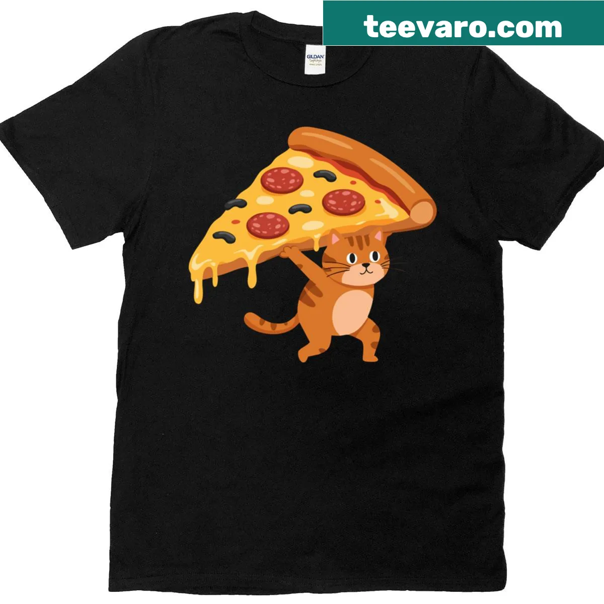 Cartoon cat holding a slice of pepperoni pizza t-shirt — on a men's t-shirt
