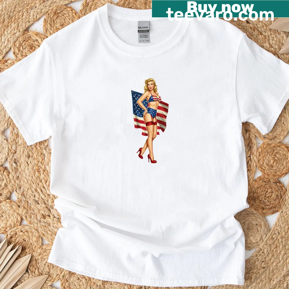 Vintage-style T-shirt featuring sultry pin-up art with stars and stripes — on a men's t-shirt