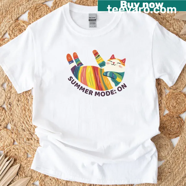 Illustration of a cute cat sleeping tummy up, themed for summer