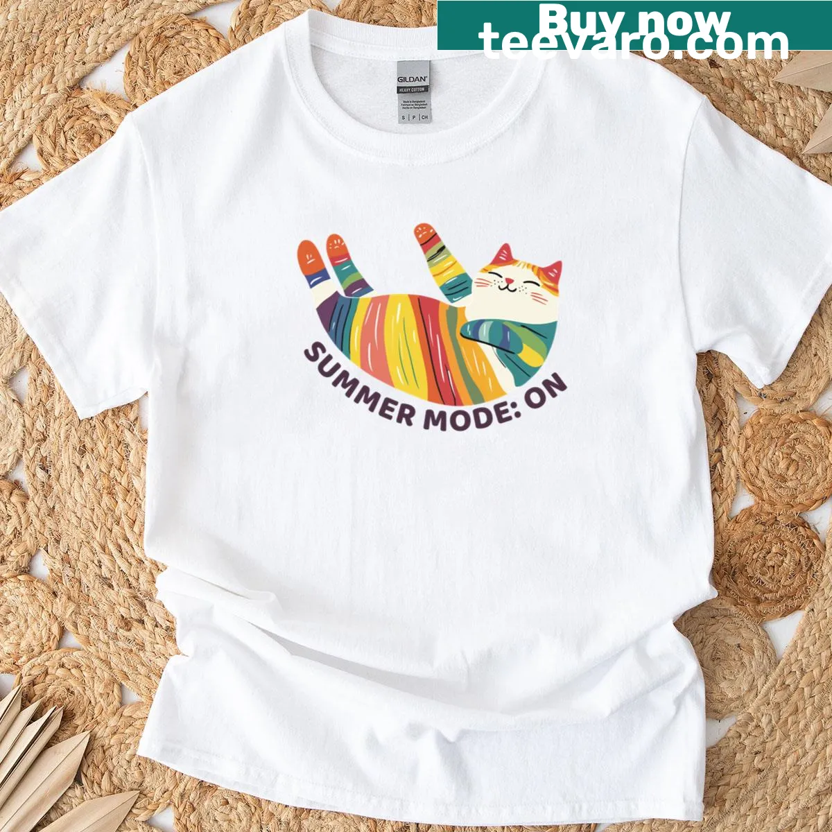 Illustration of a cute cat sleeping tummy up, themed for summer — on a men's t-shirt