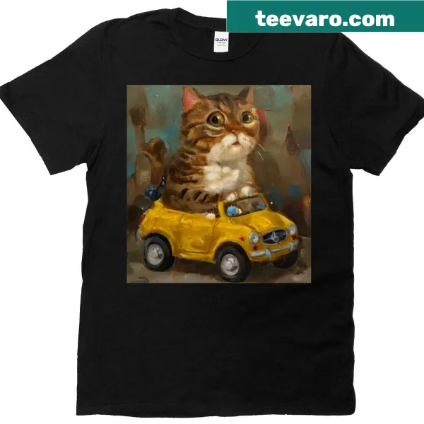 Cute t-shirt with cat driving a yellow car illustration