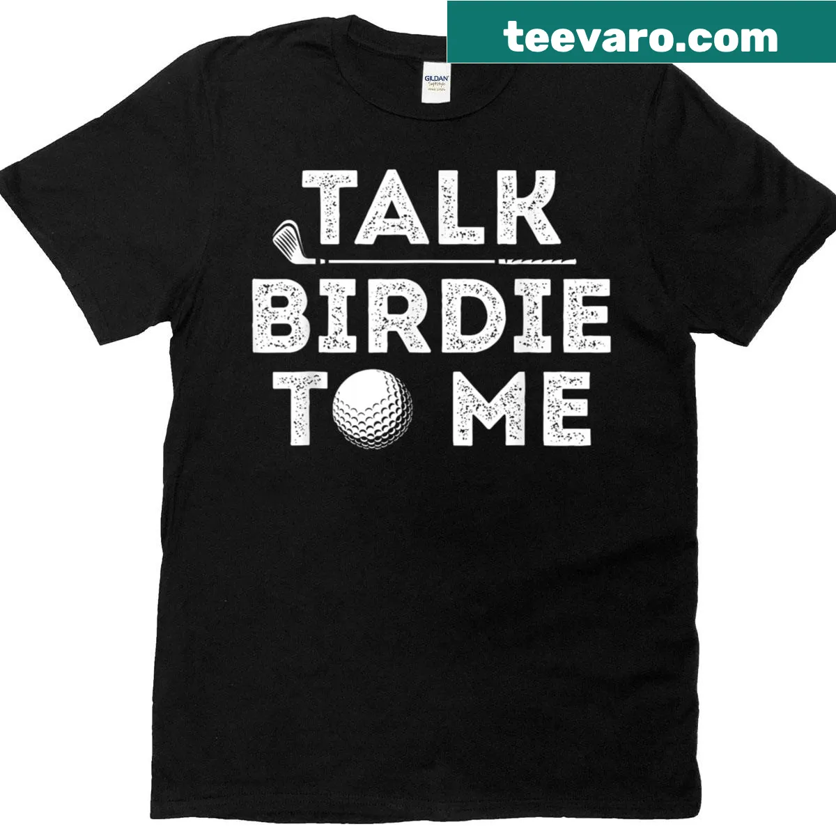 Funny golfer t-shirt with the phrase 'Talk Birdie To Me' — on a men's t-shirt
