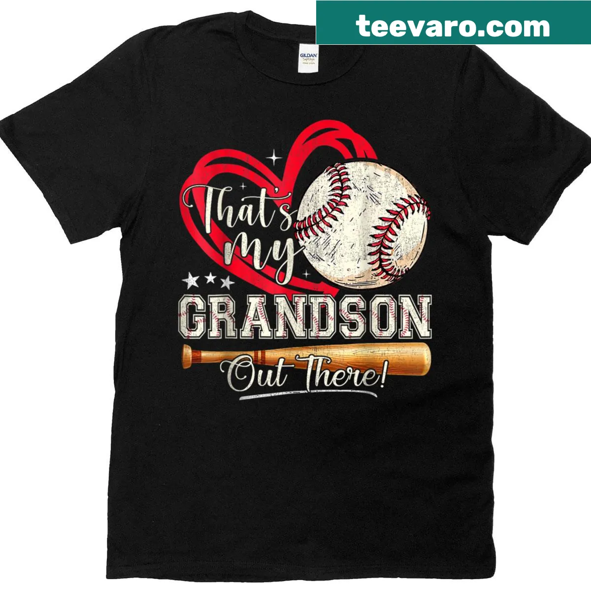 Baseball grandma T-shirt with 'That's My Grandson Out There' slogan — on a men's t-shirt