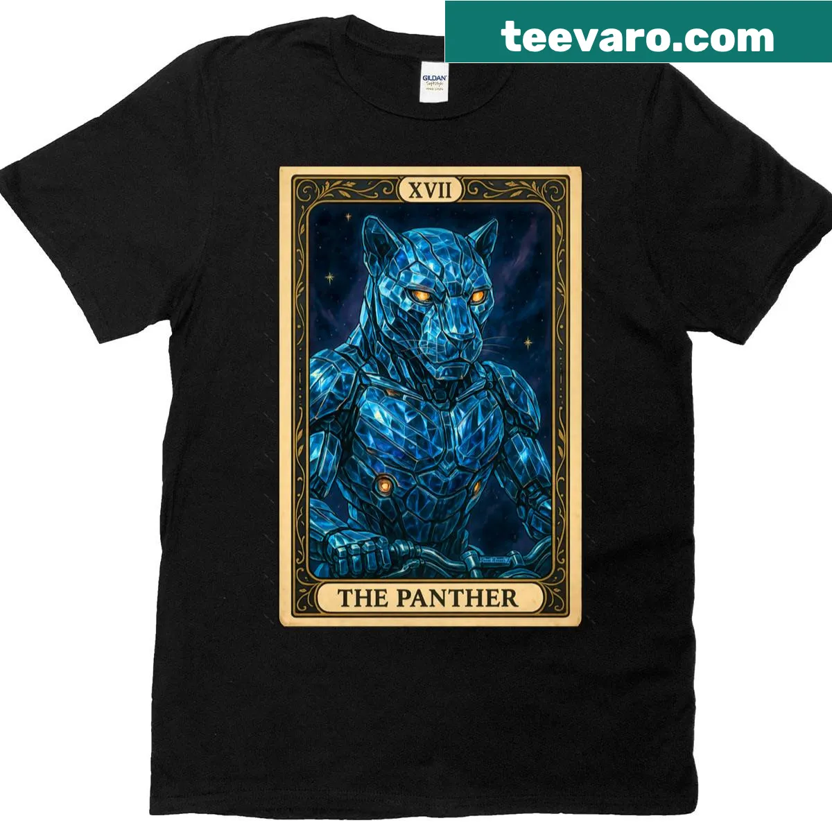 Illustration of a cyber panther in crystal armor on t-shirt — on a men's t-shirt
