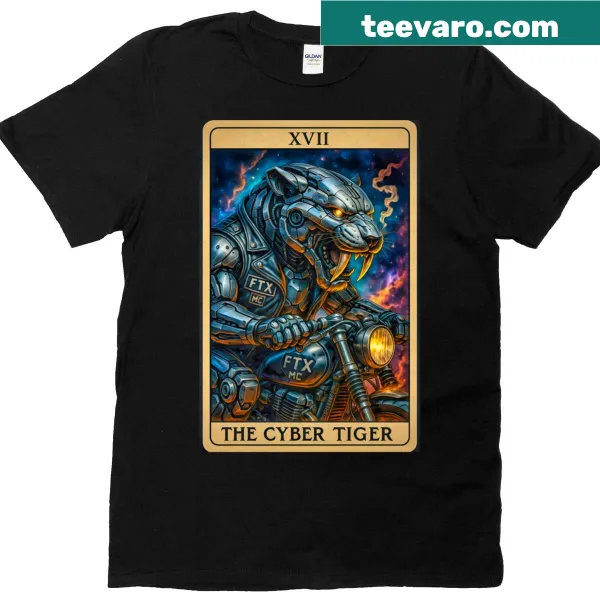 Illustration of a mechanical saber-tooth tiger in tarot card style