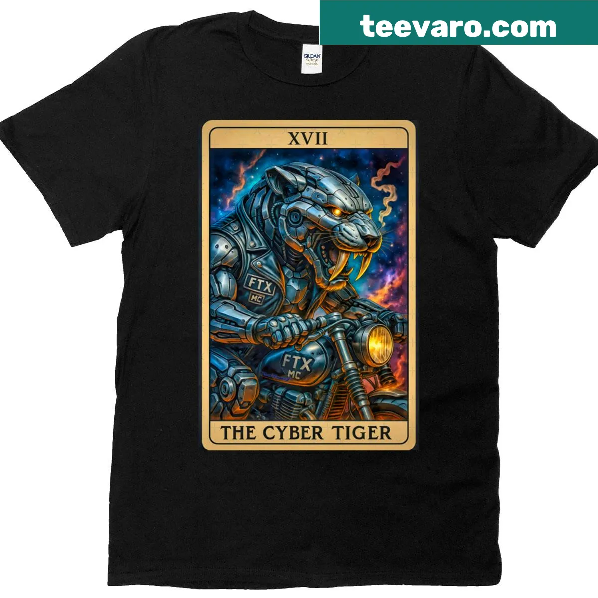 Illustration of a mechanical saber-tooth tiger in tarot card style — on a men's t-shirt