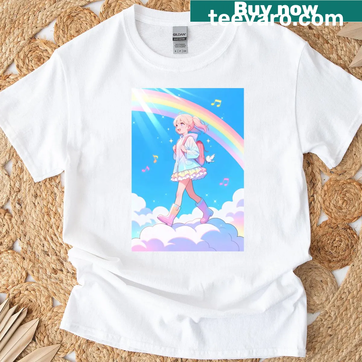 Illustration of a girl surrounded by clouds on t-shirt — on a men's t-shirt