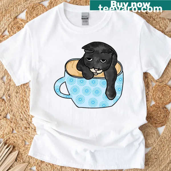 Playful typography T-shirt with a cat and coffee theme