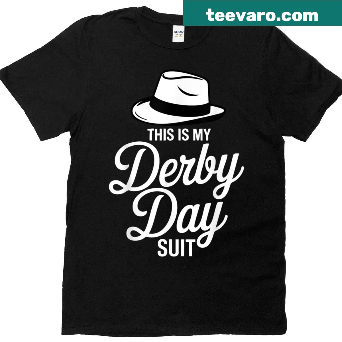 Funny Derby Day shirt featuring a fedora graphic and playful text. — on a men's t-shirt
