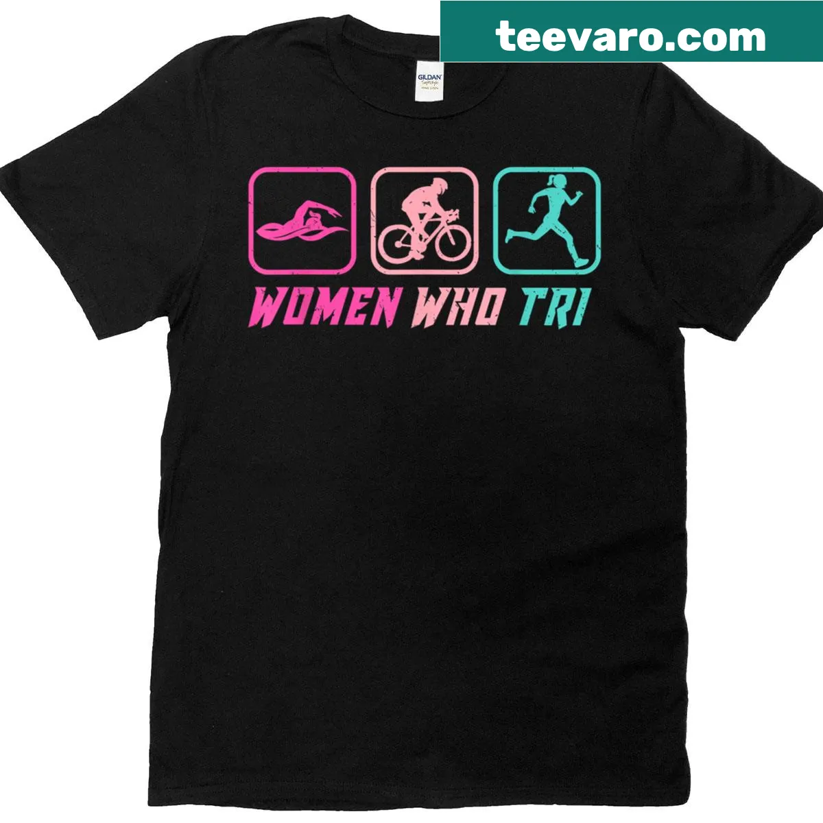 Funny T-shirt celebrating women triathletes with empowering text. — on a men's t-shirt