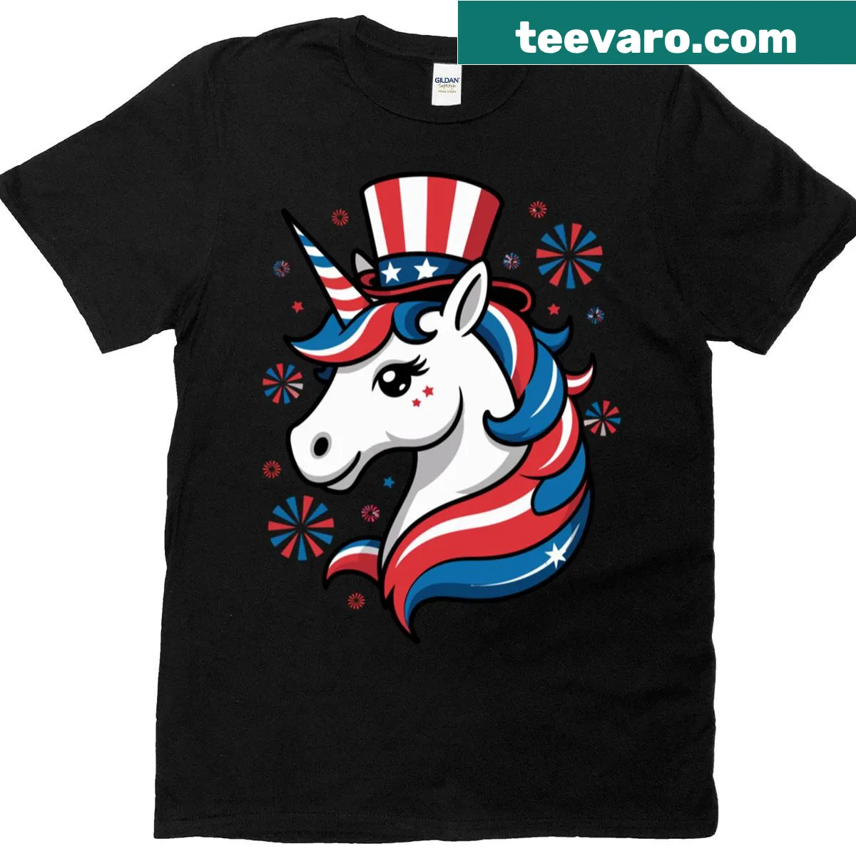 Unicorn T-shirt for July 4th featuring festive graphic — on a men's t-shirt