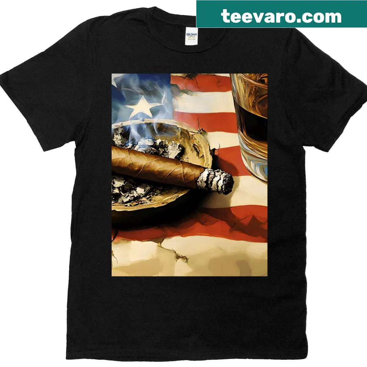 Cigar and whiskey glass graphic with American flag on t-shirt — on a men's t-shirt