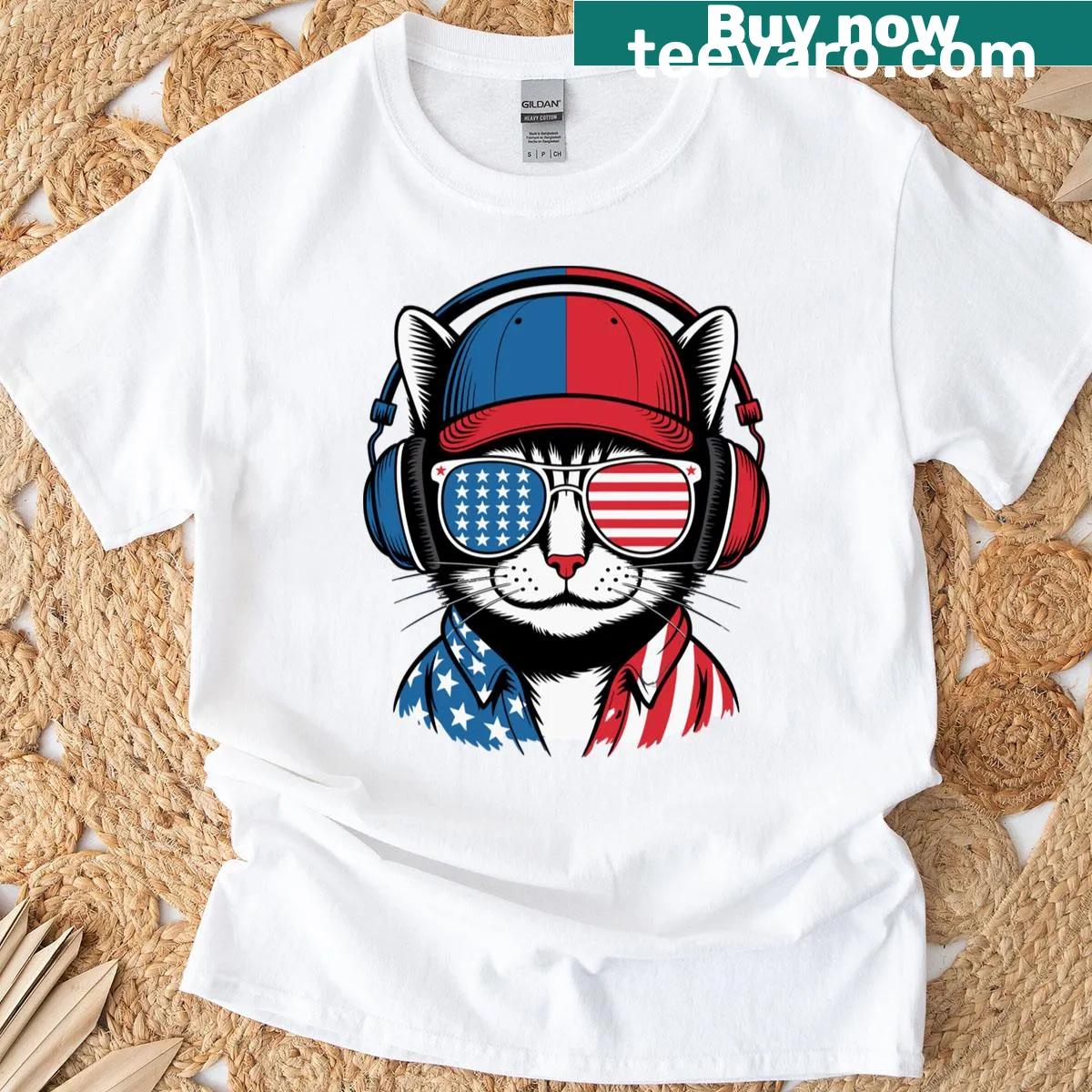Illustrated USA-themed cat T-shirt — on a men's t-shirt