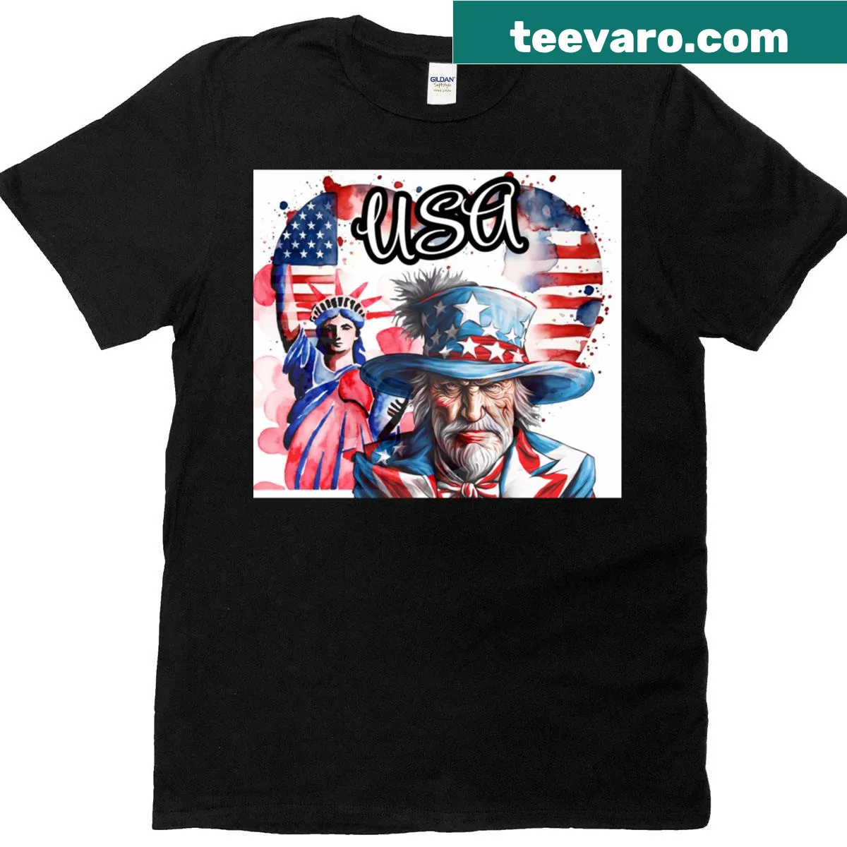 Lady Liberty graphic in red, white, and blue on an oversized t-shirt — on a men's t-shirt