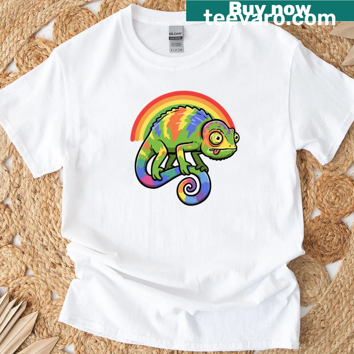 Chameleon T-shirt with rainbow arch graphic — on a men's t-shirt