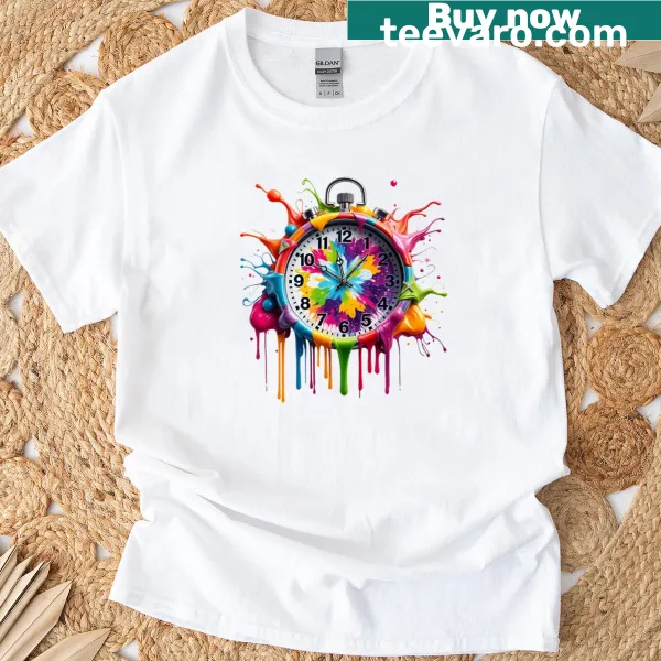 Abstract clock graphic T-shirt showcasing artistic design.