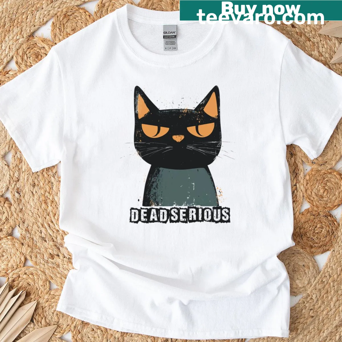 Grunge-style T-shirt with a serious cat graphic — on a men's t-shirt