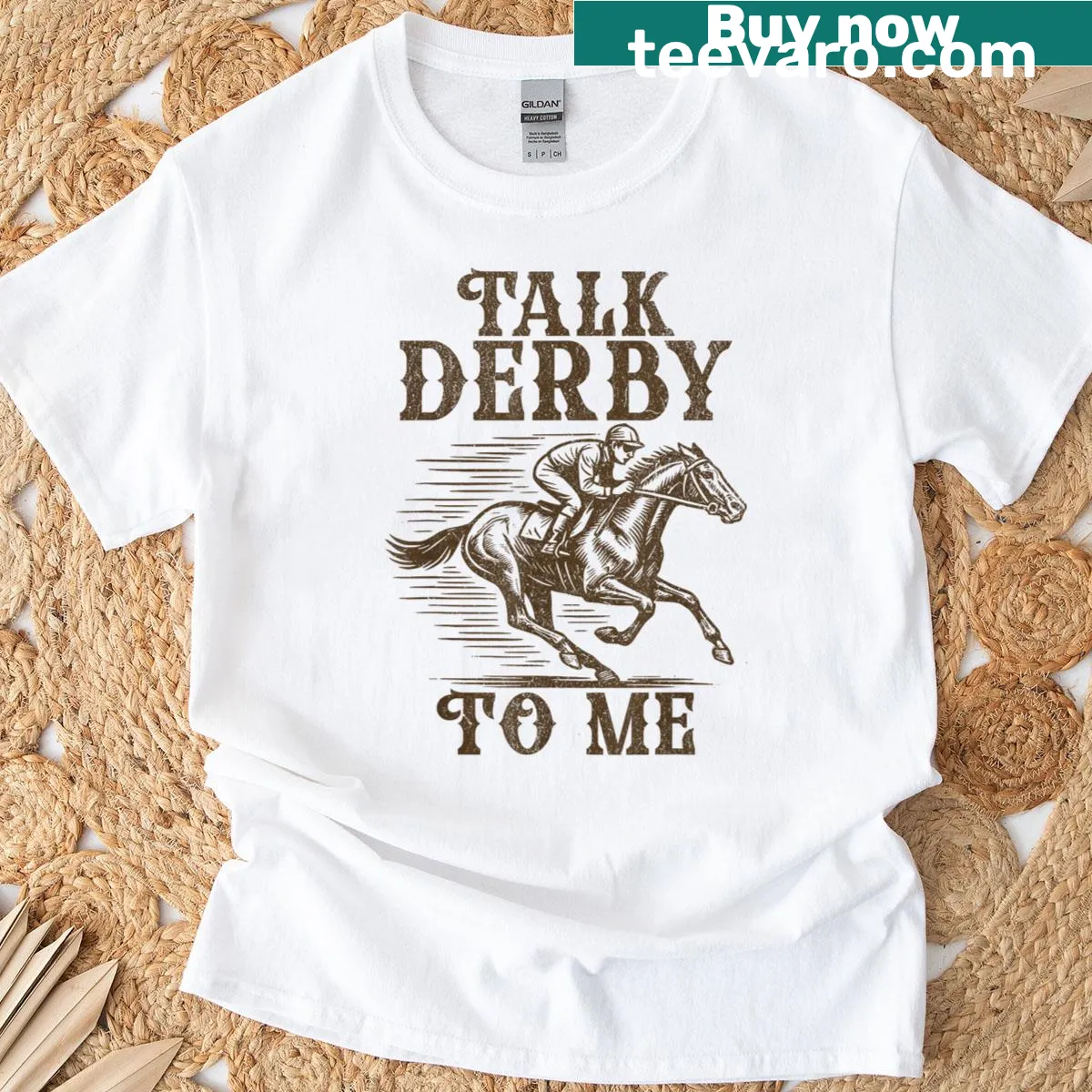 Playful vintage horse racing t-shirt with 'Talk Derby To Me' slogan. — on a men's t-shirt