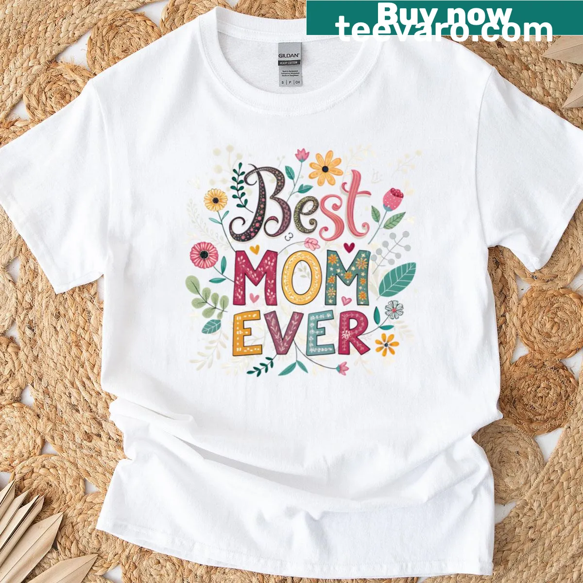 Floral Best Mom Ever T-shirt with artistic design and flowing script — on a men's t-shirt