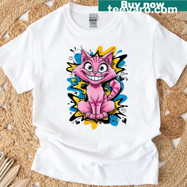 Whimsical Cheshire Cat pop art t-shirt with playful design
