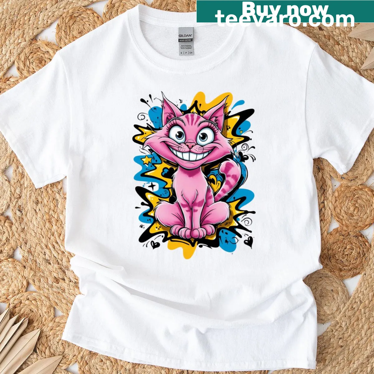 Whimsical Cheshire Cat pop art t-shirt with playful design — on a men's t-shirt