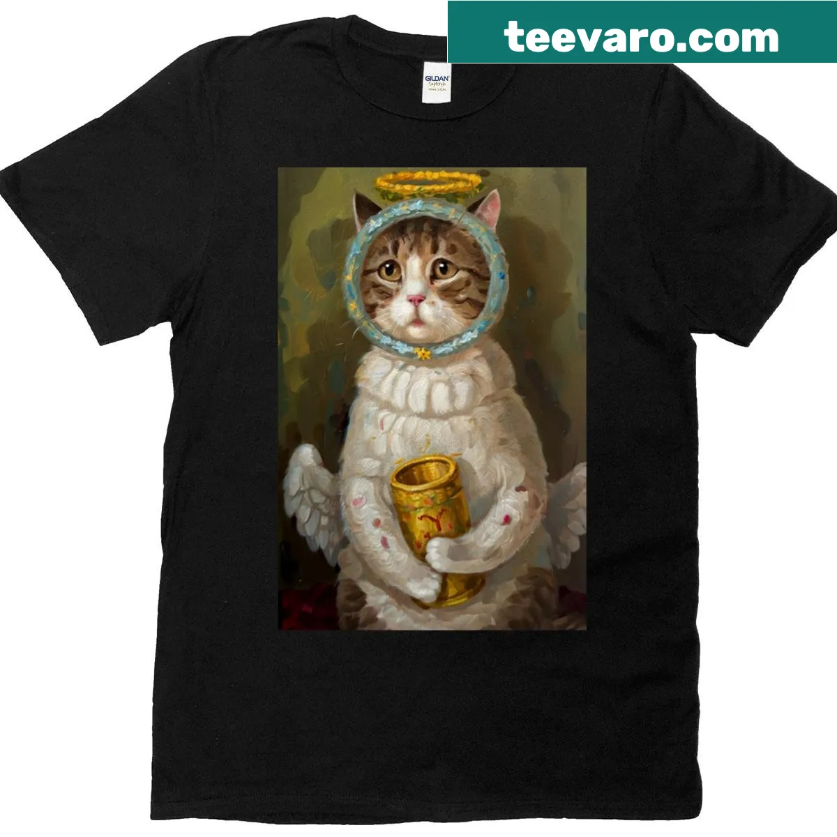 T-shirt with a winged sovereign cat illustration — on a men's t-shirt