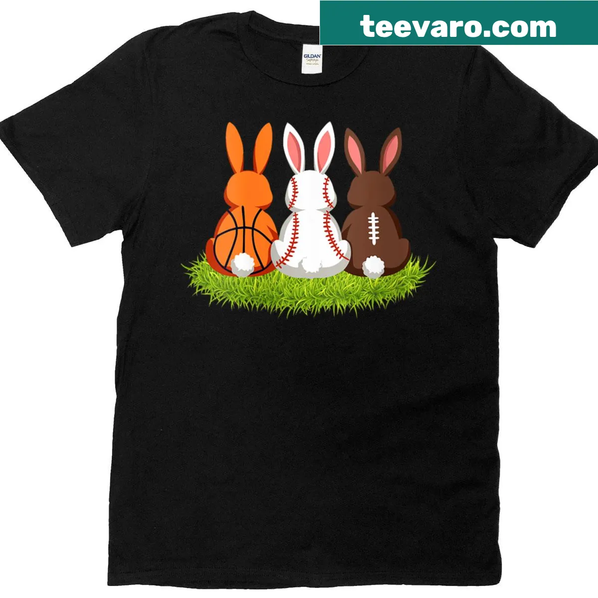 Easter-themed kids T-shirt with sports and bunny graphics — on a men's t-shirt