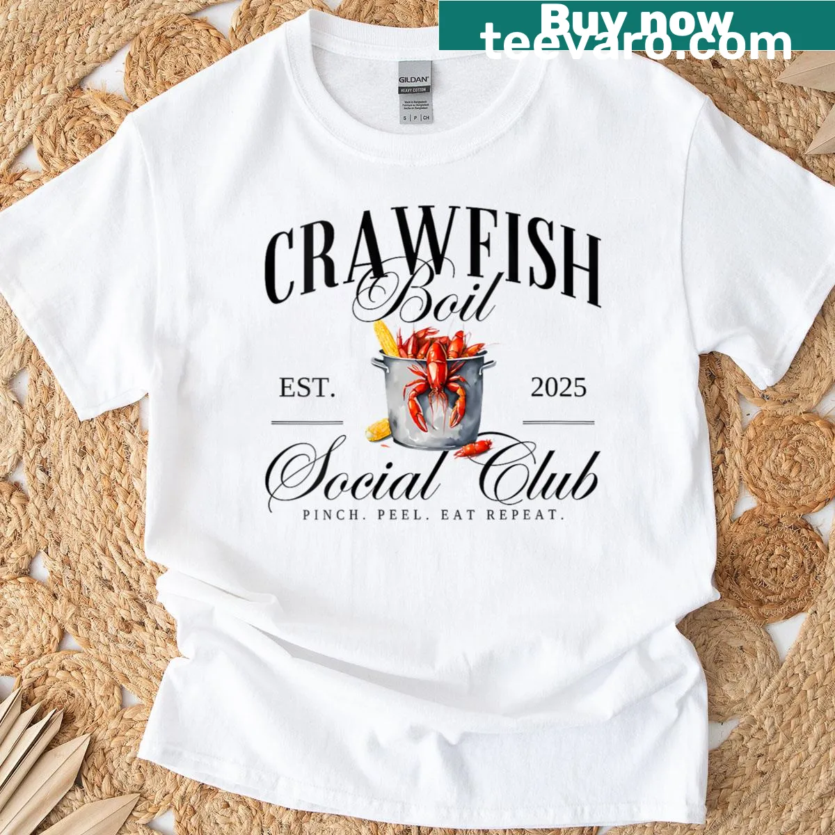 Crawfish boil social club t-shirt with playful seafood design — on a men's t-shirt