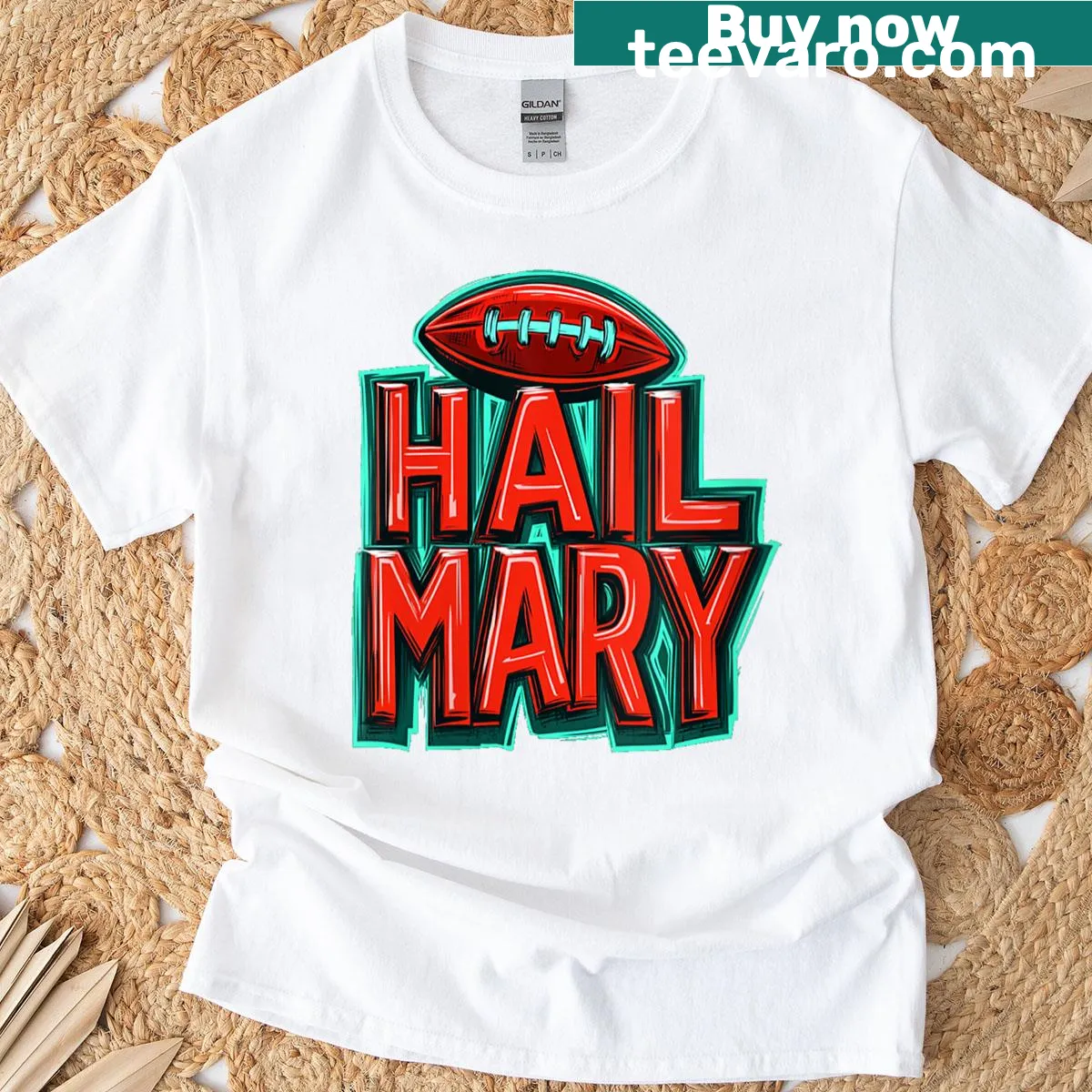 Funny Hail Mary sports t-shirt with humorous emblem — on a men's t-shirt