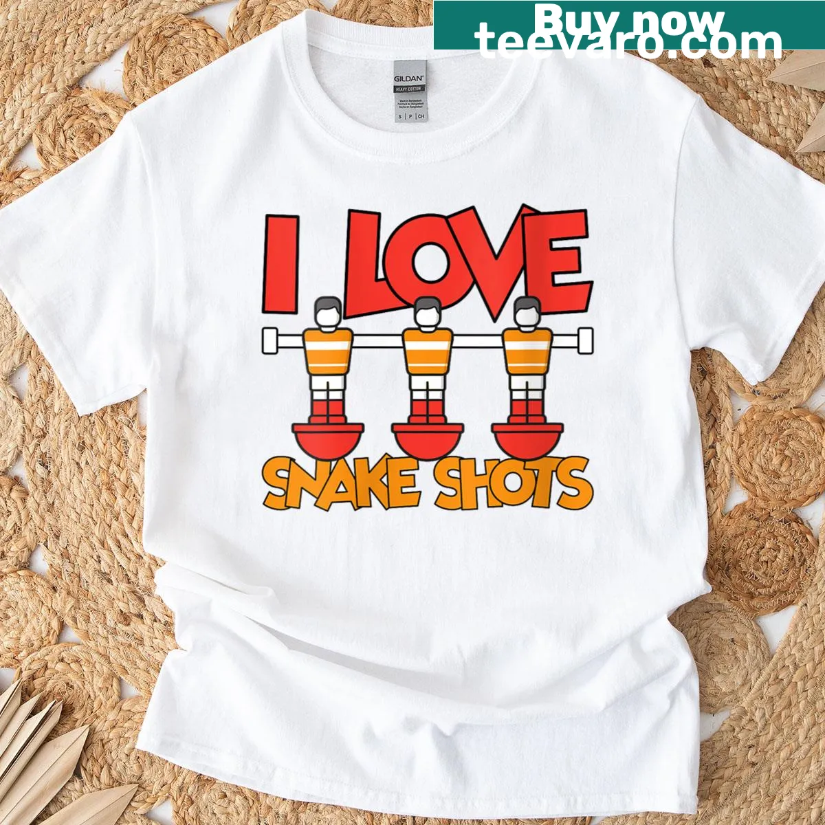 Funny foosball t-shirt with snake shots joke — on a men's t-shirt