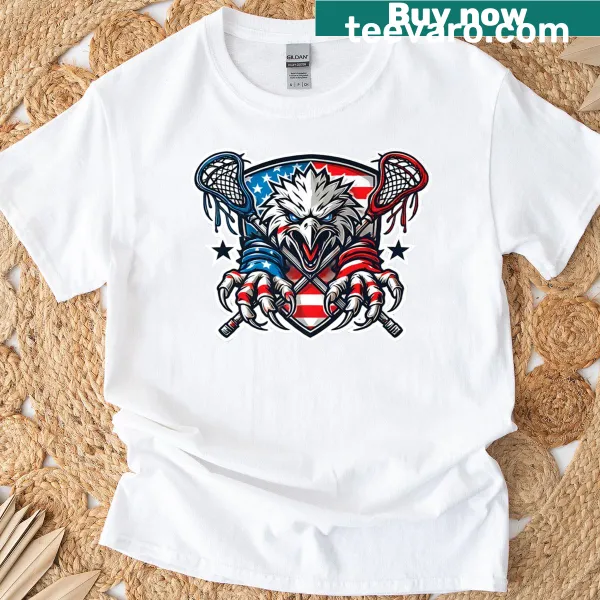 Illustrated patriotic lacrosse shirt with stars, stripes, and USA text