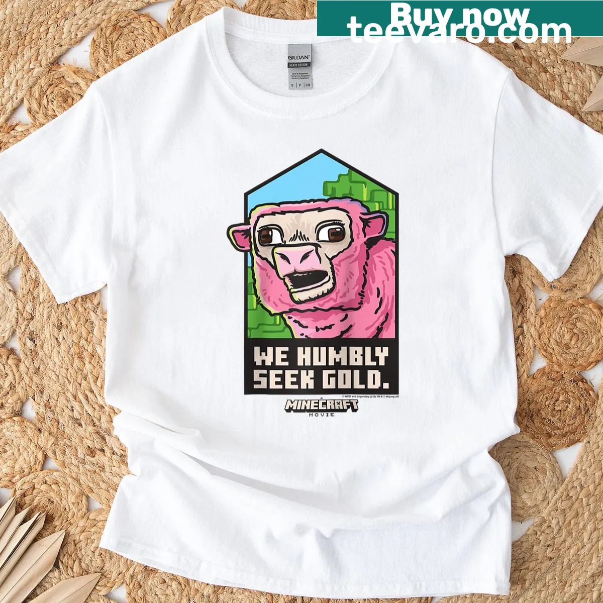 Raglan tee with a pink sheep graphic from Minecraft — on a men's t-shirt