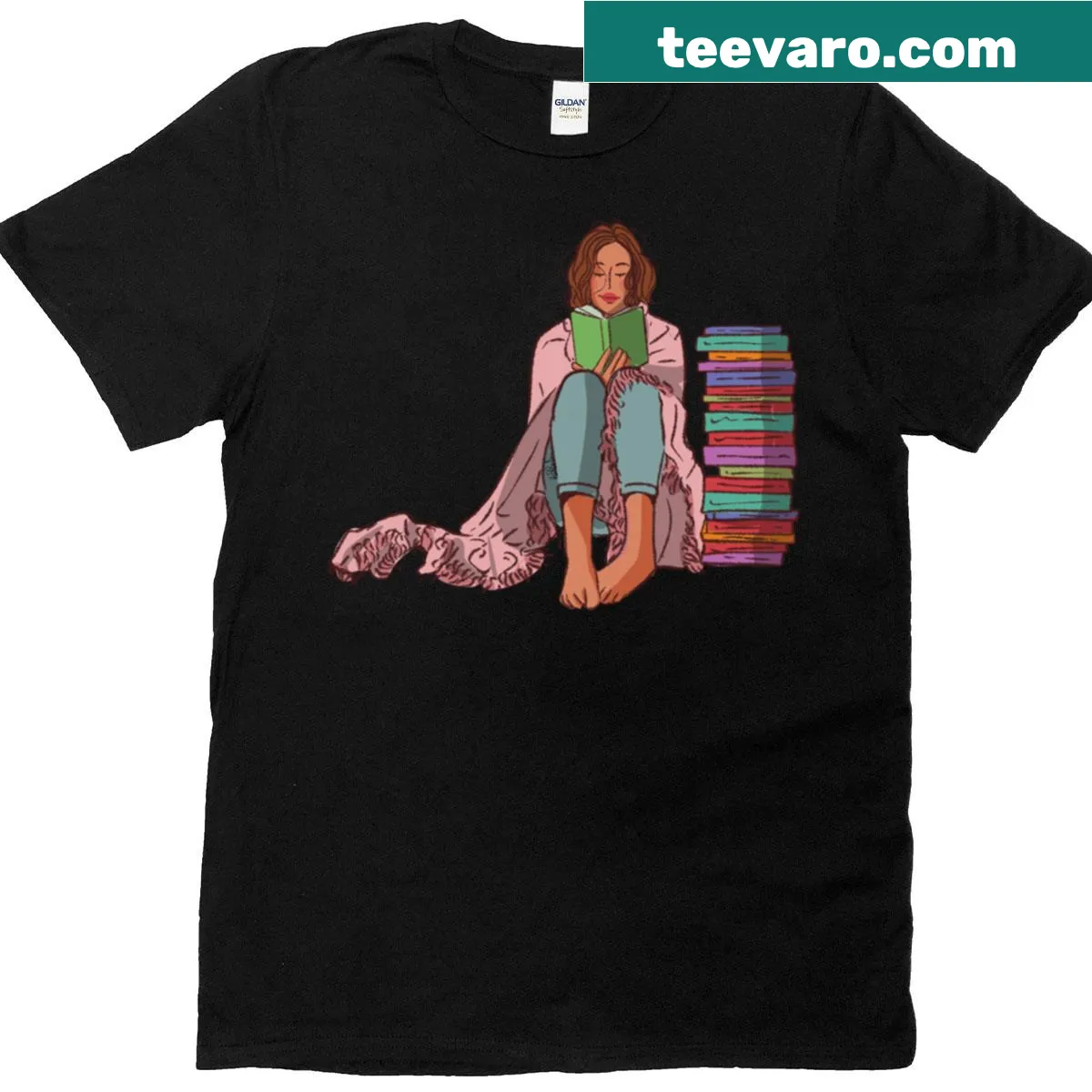 Illustration of a woman reading a book on oversized t-shirt — on a men's t-shirt