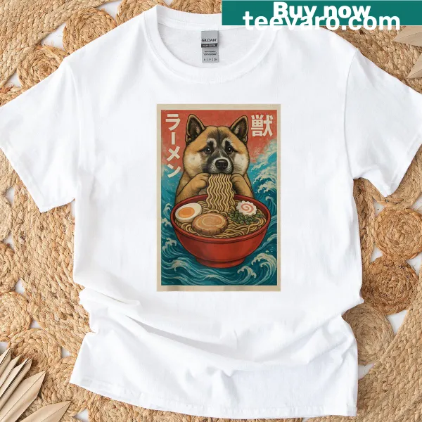 Kawaii American Akita dog enjoying ramen graphic on a raglan tee