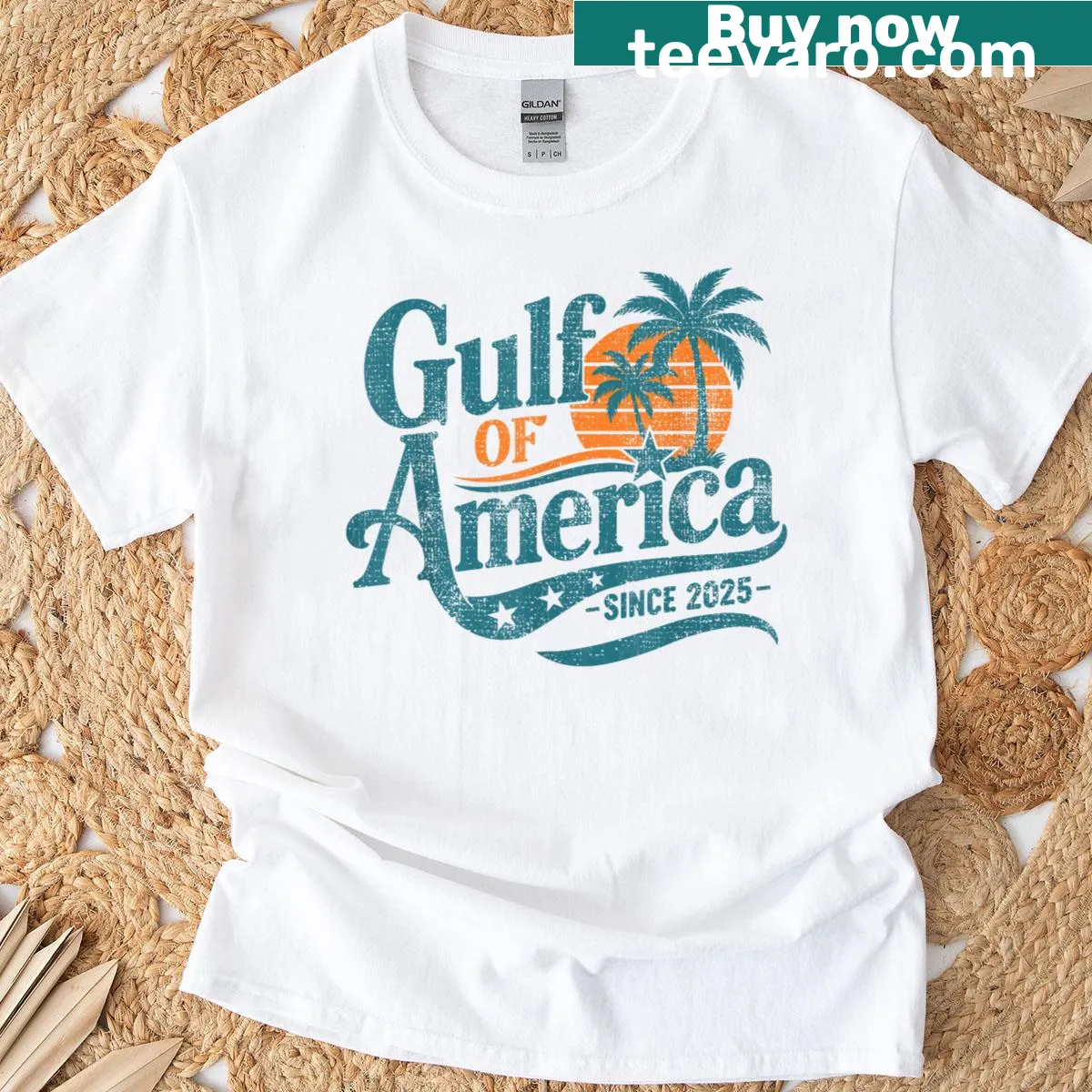 T-shirt featuring American and Mexican flags in a sunset design. — on a men's t-shirt