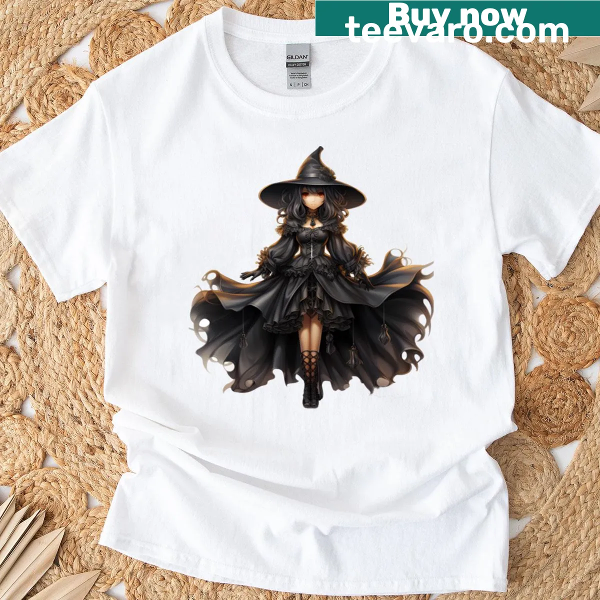 Anime female witch graphic on a whimsical T-shirt — on a men's t-shirt