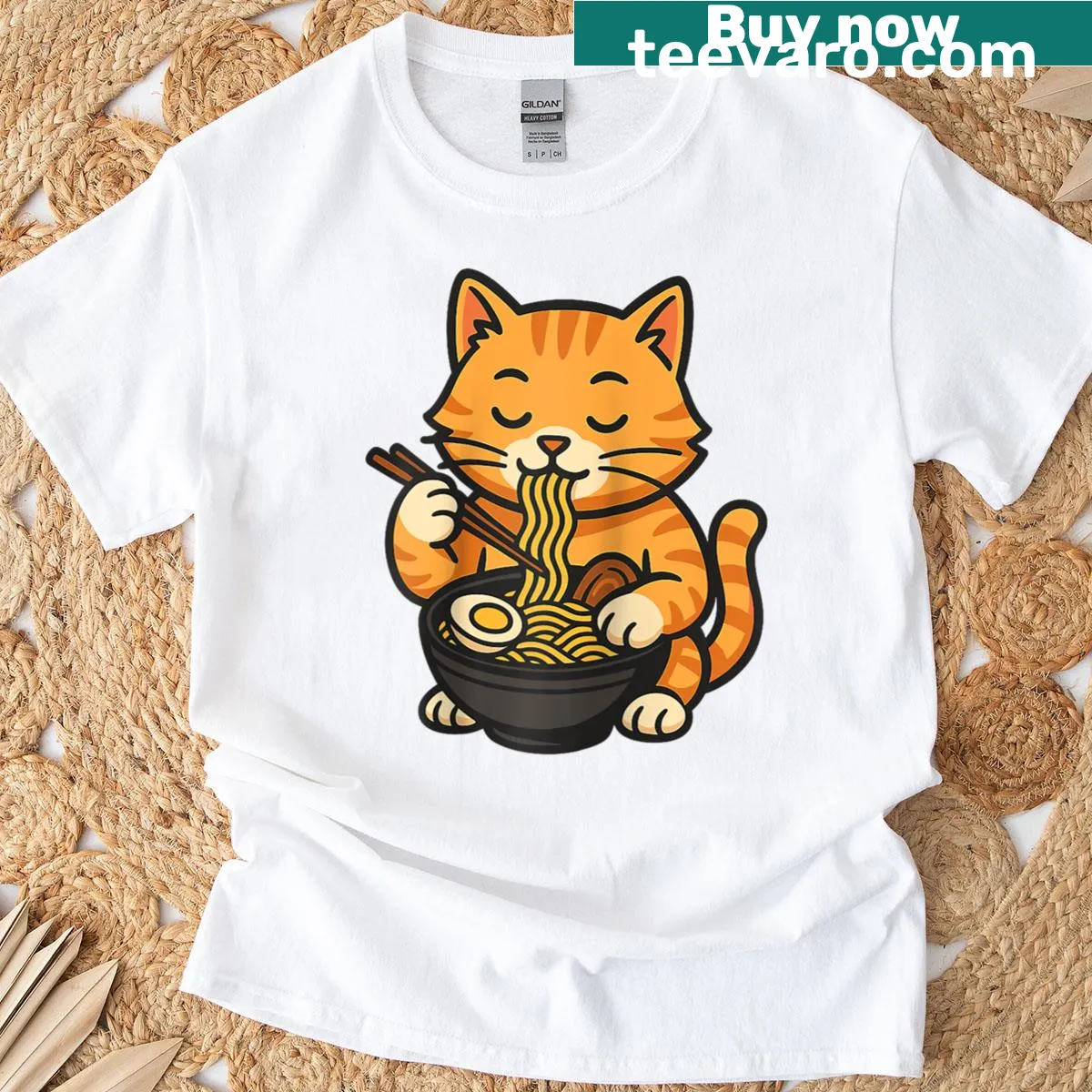 Kawaii cat cartoon eating ramen noodles on a baseball tee — on a men's t-shirt